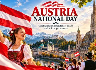Austria National Day 2026: History, Wishes, Messages & Quotes Austria National Day celebration featuring the Austrian flag, Alpine mountains, historic architecture, and people in traditional clothing