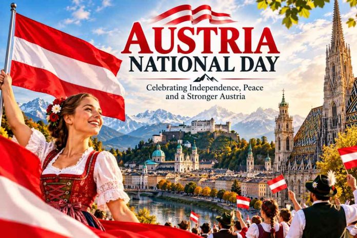 Austria National Day celebration featuring the Austrian flag, Alpine mountains, historic architecture, and people in traditional clothing