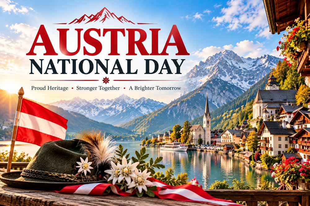 Austria National Day poster featuring the Austrian flag, a traditional Alpine hat, edelweiss flowers, a lakeside village, and snow-capped mountains