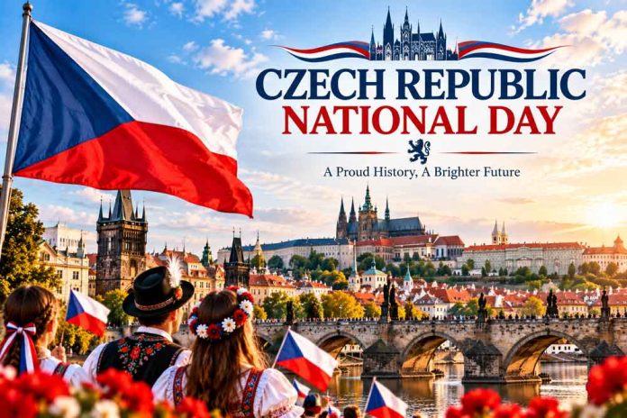 Czech Republic National Day poster featuring the Czech flag, Prague Castle, Charles Bridge, historic architecture, and people celebrating in traditional clothing