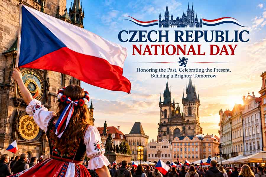 Czech Republic National Day poster featuring a Czech flag, Prague's astronomical clock, Gothic church towers, historic buildings, and a woman in traditional folk clothing
