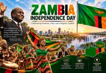 Zambia Independence Day 2026: Date, History, Celebrations & Facts Zambia Independence Day celebration poster featuring the national flag, Kenneth Kaunda, cultural dancers, and Victoria Falls
