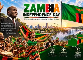 Zambia Independence Day 2026: Date, History, Celebrations & Facts Zambia Independence Day celebration poster featuring the national flag, Kenneth Kaunda, cultural dancers, and Victoria Falls