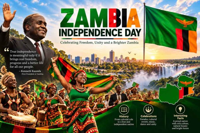 Zambia Independence Day Celebration Zambia Independence Day celebration poster featuring the national flag, Kenneth Kaunda, cultural dancers, and Victoria Falls