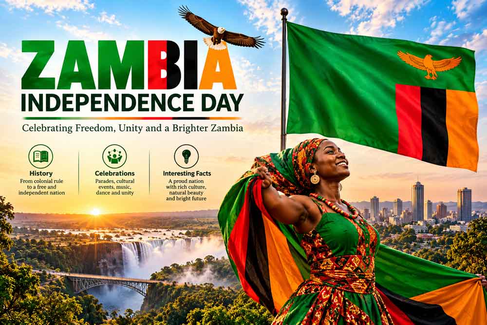 Zambia Independence Day 2026: Date, History, Celebrations & Facts 1 Zambia Independence Day poster featuring a woman in traditional attire, the national flag, a soaring eagle, and Victoria Falls scenery
