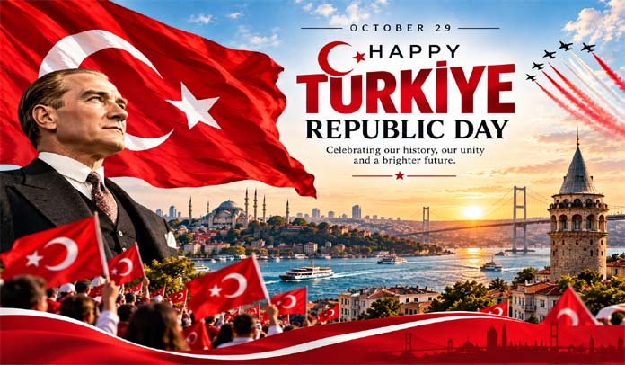 Türkiye Republic Day 2026 Türkiye Republic Day 2026 celebration with Turkish flag and October 29 greeting